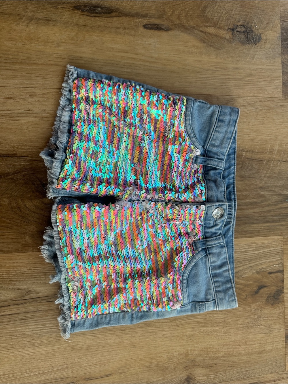 Justice Denim Shorts with Rainbow Sequins
